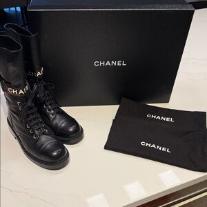 CHANEL Black Leather Lace-Up Combat Boots